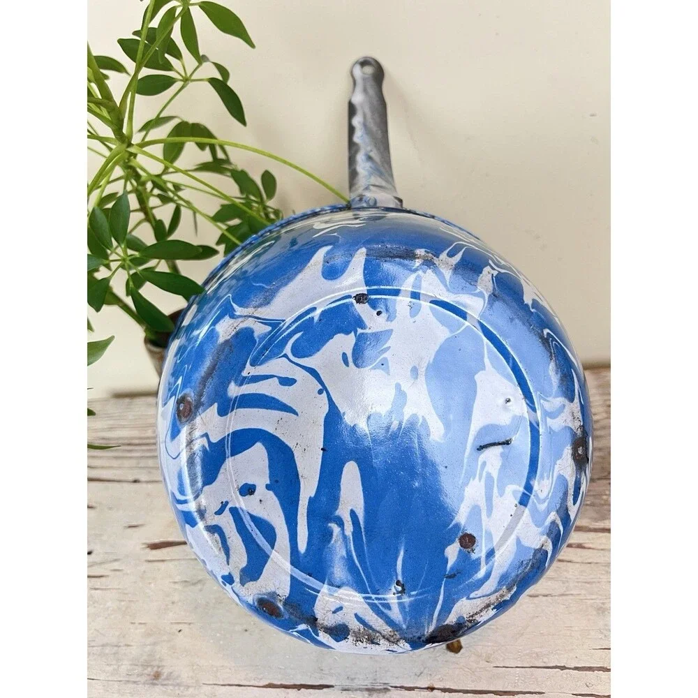Vintage Primitive Blue Slatterware Enamelware Saucepan W/Handle Rustic Home